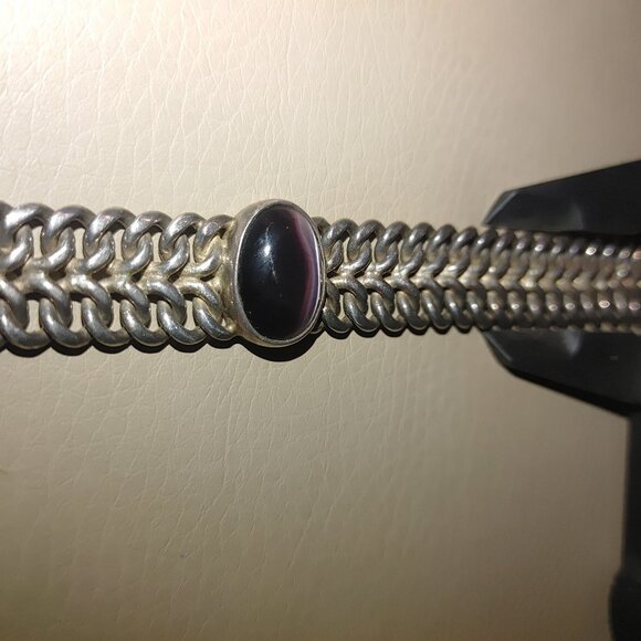 Sterling Silver Mexico Bracelet Simulated Purple Cats Eye Gemstone 925 Jewelry - Picture 11 of 16